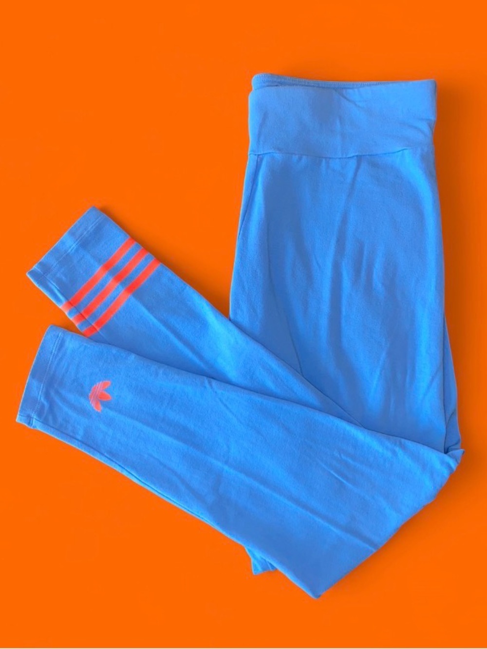 Adidas Blue Leggings with Neon Orange Logo & 3 Stripe Ankle Detail - Women’s XL